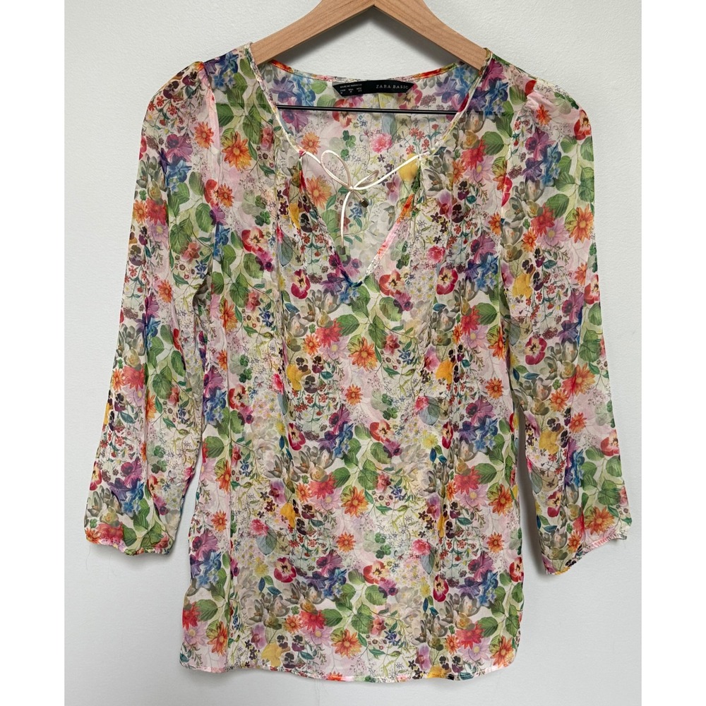 Zara Women's Sheer Floral Split V-Neck Tie Blouse 3/4 Sleeve Multicolor Size M